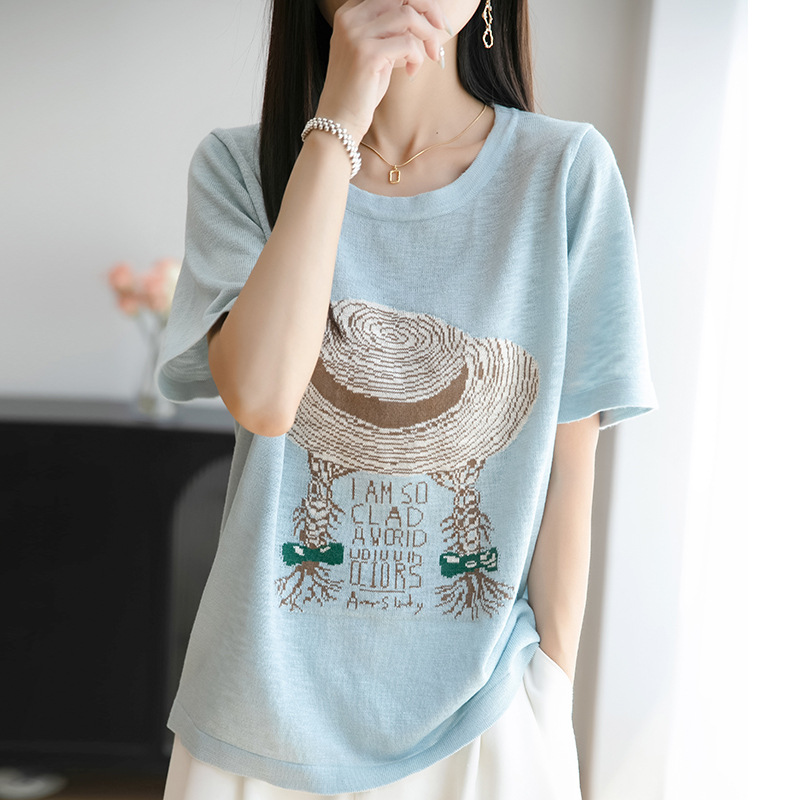 簡約印花冰絲針織短袖t卹(6色)