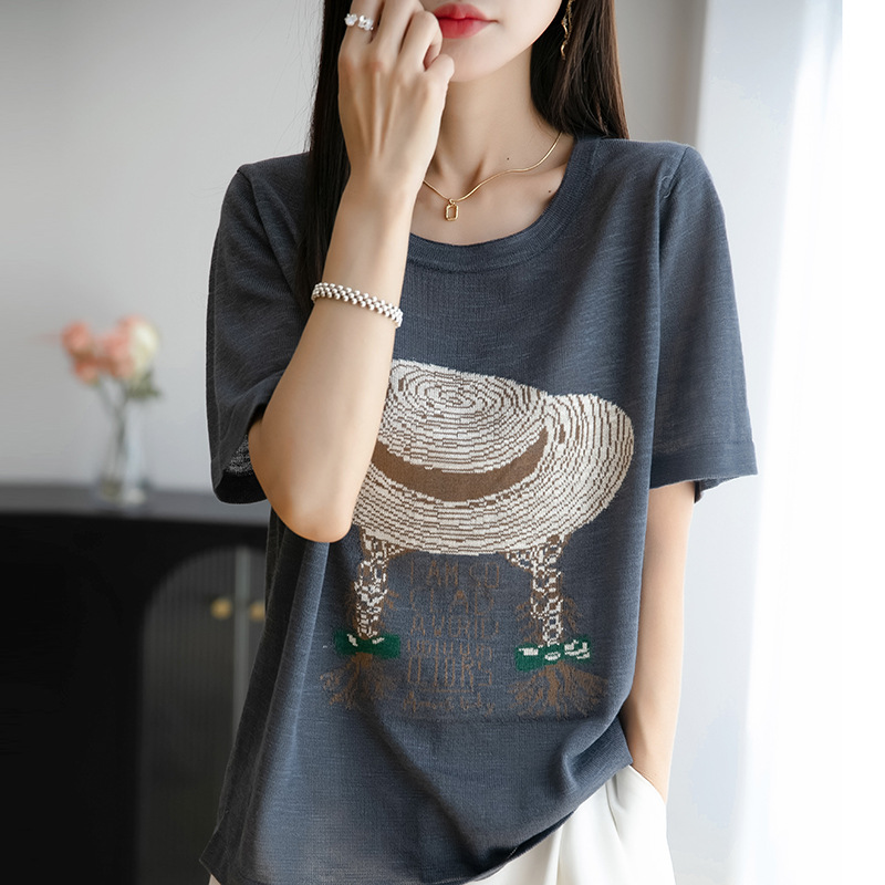 簡約印花冰絲針織短袖t卹(6色)