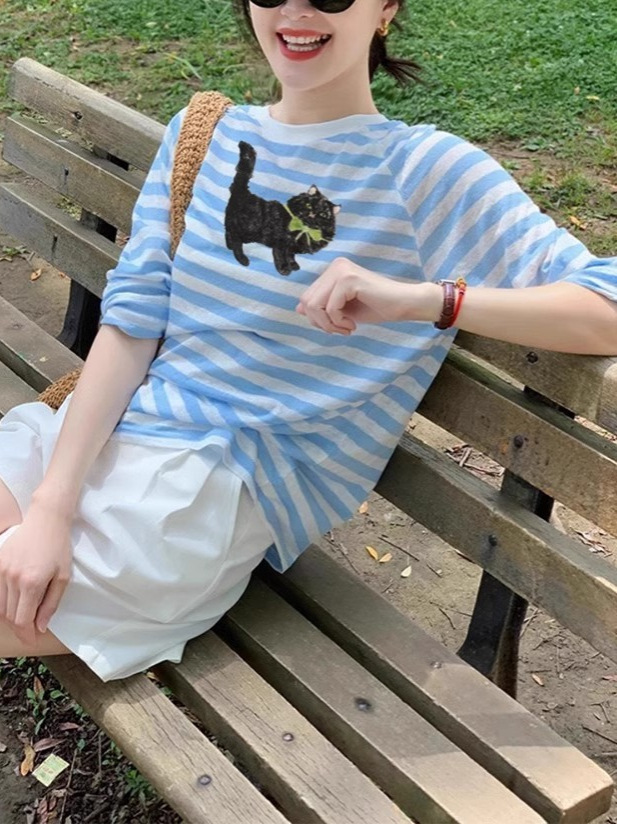 夏日多巴胺藍色條紋防曬長袖T卹(3色)