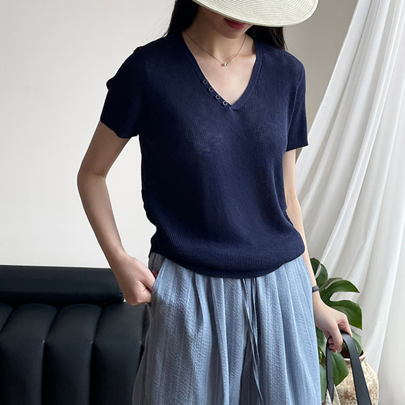 韓系V領別緻短袖針織上衣(5色)