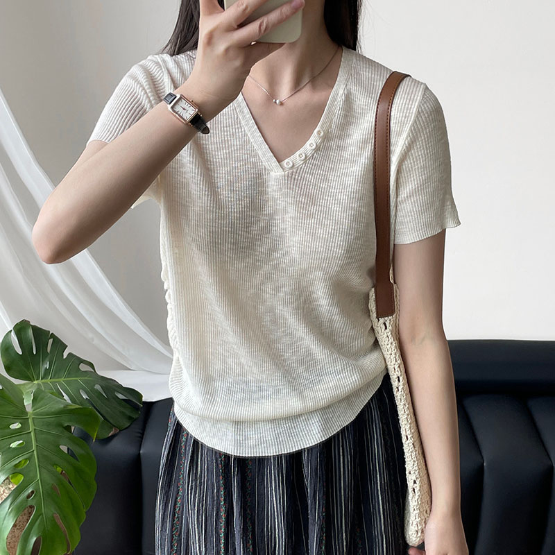 韓系V領別緻短袖針織上衣(5色)