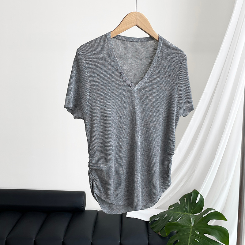 韓系V領別緻短袖針織上衣(5色)