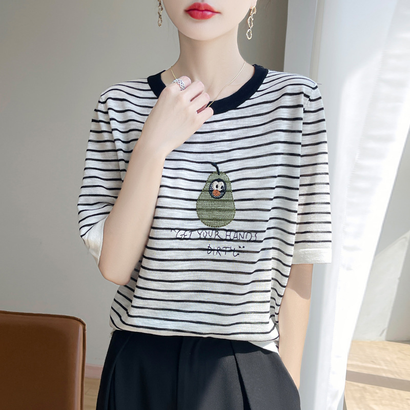 韓系休閑圓領條紋撞色冰絲短袖t卹