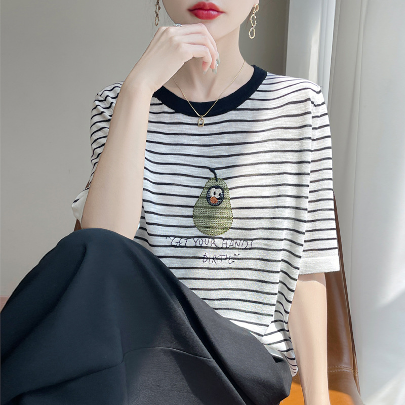 韓系休閑圓領條紋撞色冰絲短袖t卹