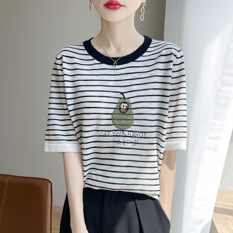 韓系休閑圓領條紋撞色冰絲短袖t卹