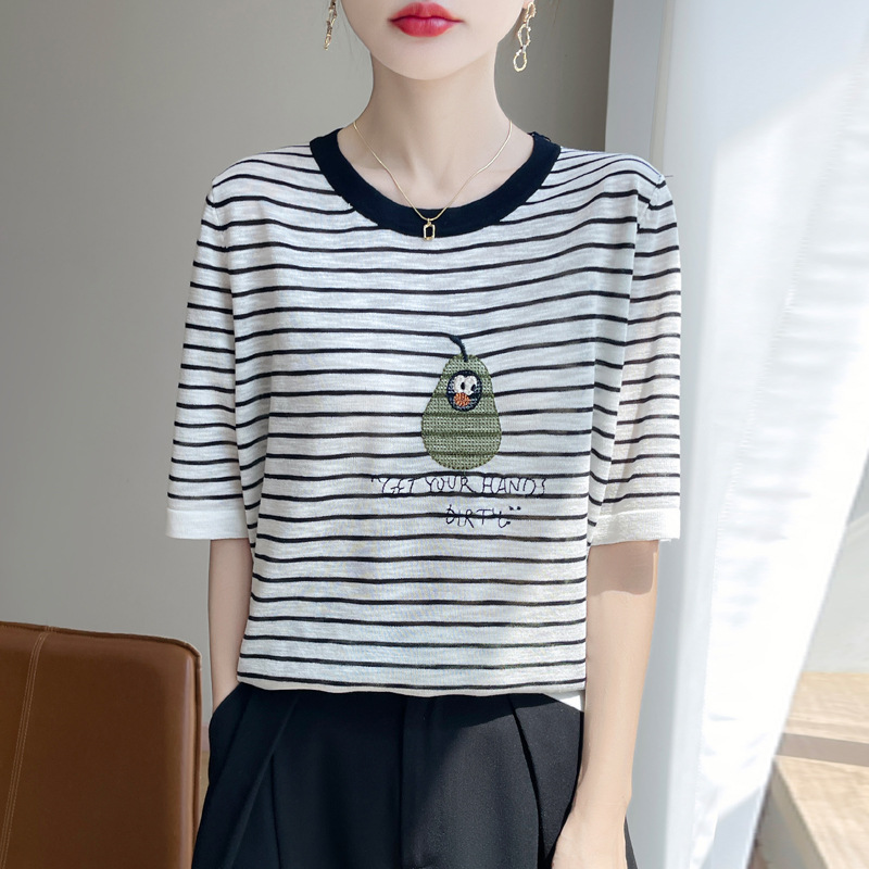 韓系休閑圓領條紋撞色冰絲短袖t卹