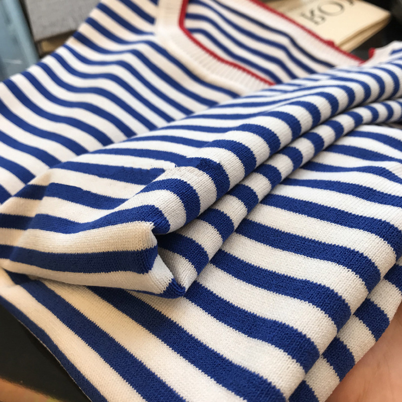 條紋寬鬆圓領V領針織衫短袖T卹