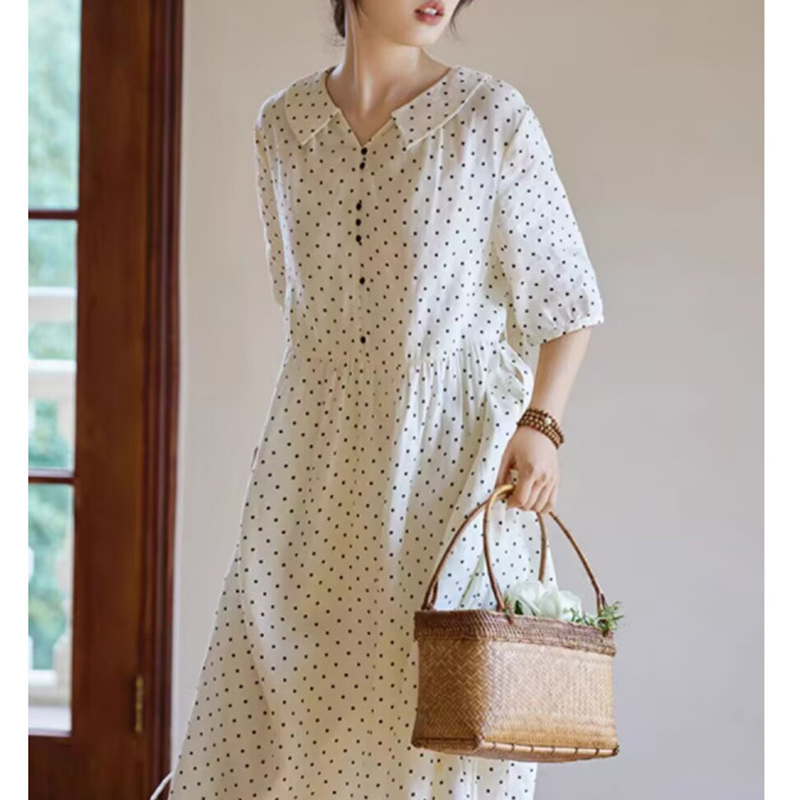 日系復古波點亞麻寬鬆連身裙