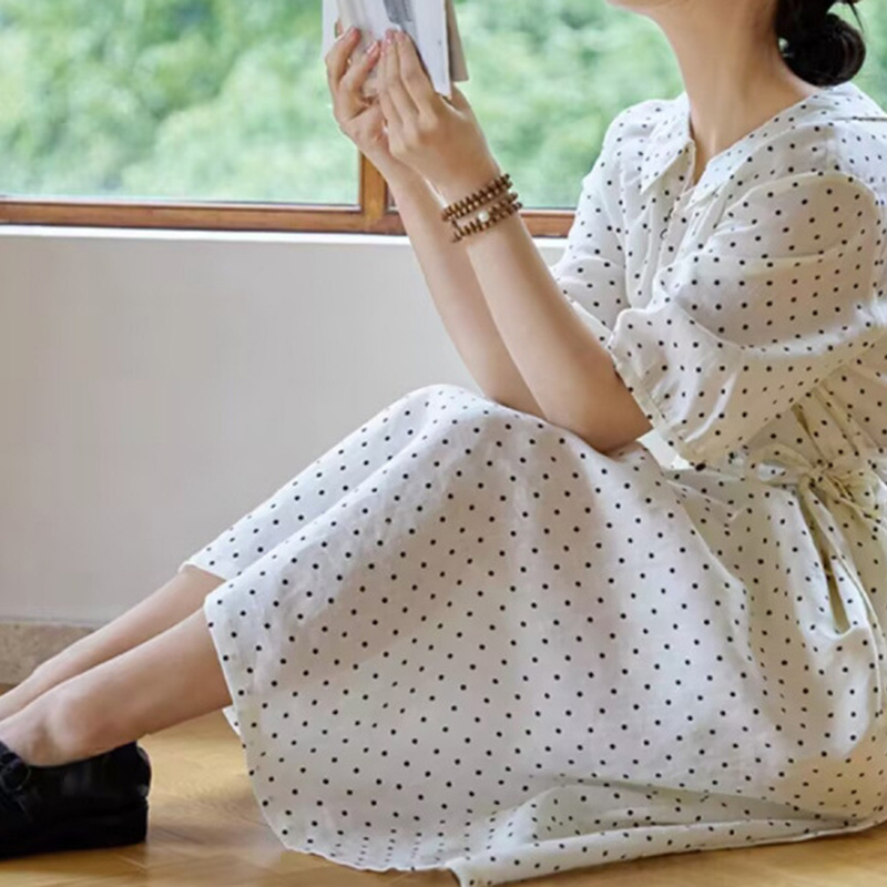 日系復古波點亞麻寬鬆連身裙
