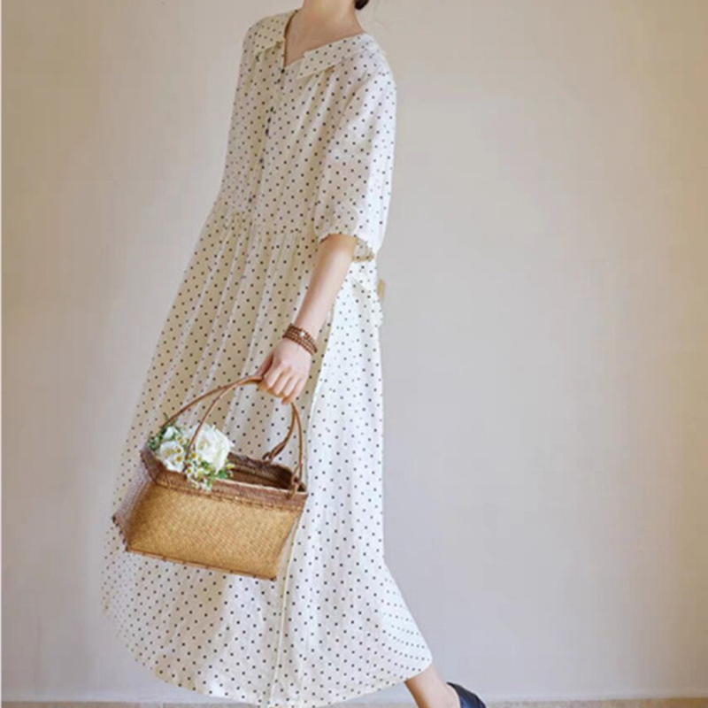 日系復古波點亞麻寬鬆連身裙