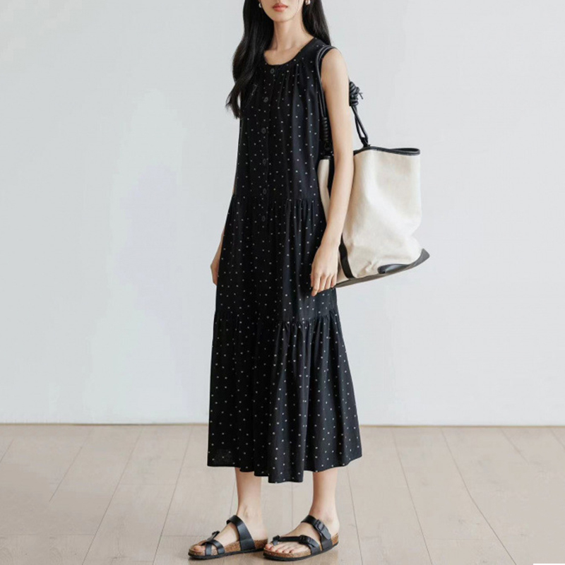 文藝日系度假風無袖碎花寬鬆背心裙