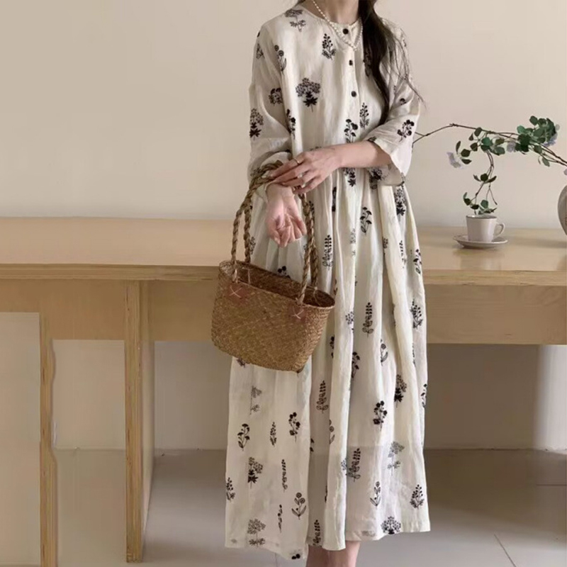 日系文藝棉麻寬鬆碎花連身裙