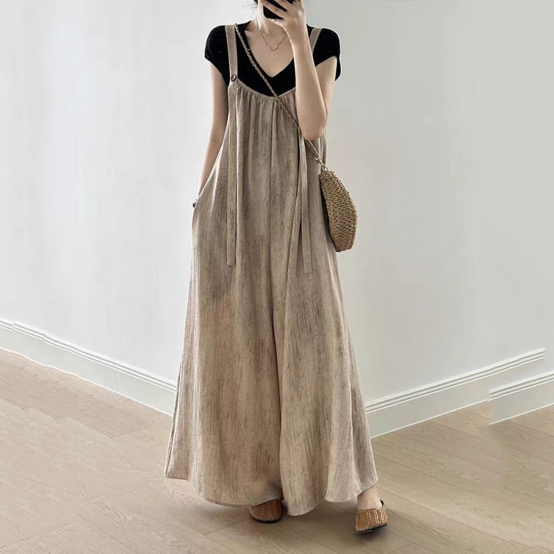 日系慵懶棉麻垂感寬鬆休閒連體背帶褲