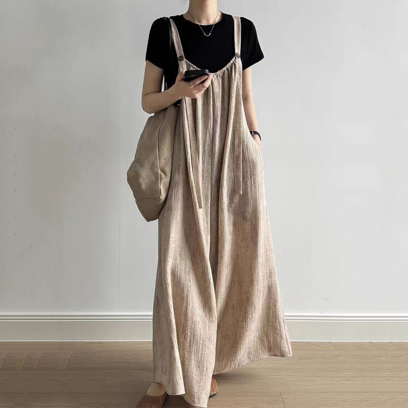 日系慵懶棉麻垂感寬鬆休閒連體背帶褲