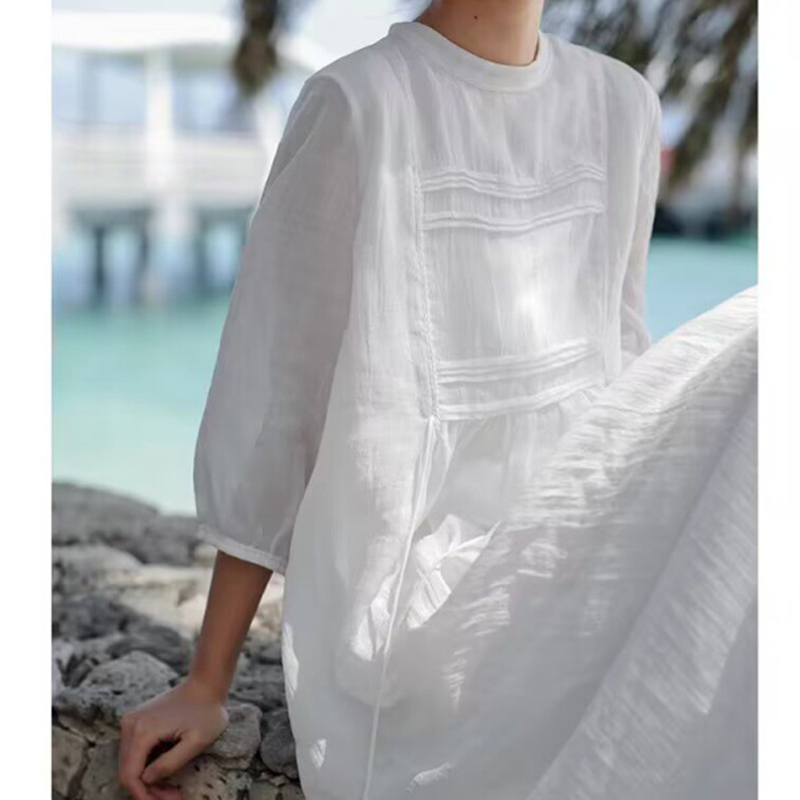 端莊素雅苧麻高檔白色中長洋裝