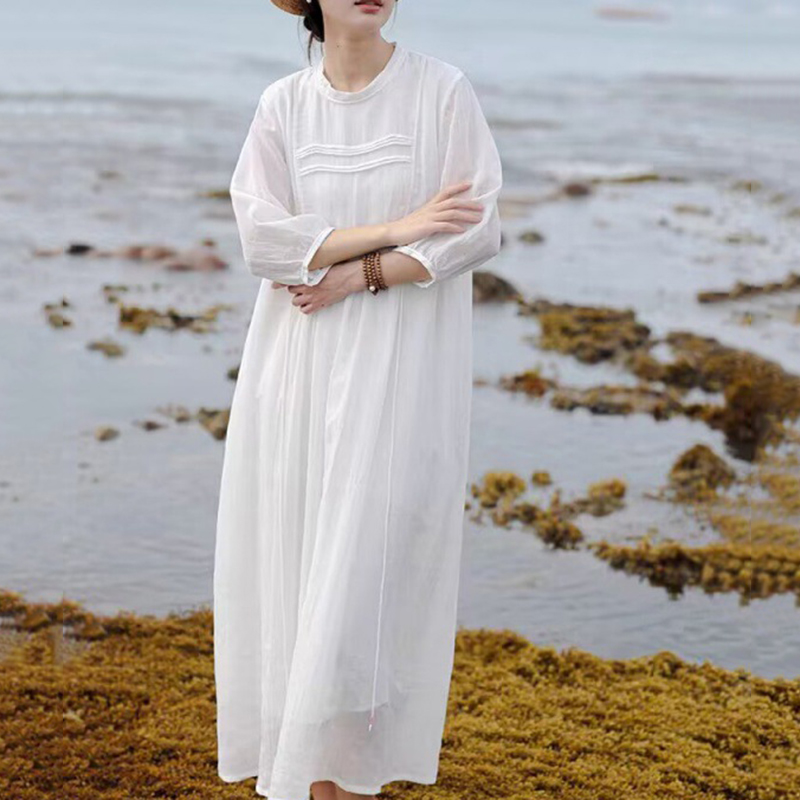 端莊素雅苧麻高檔白色中長洋裝