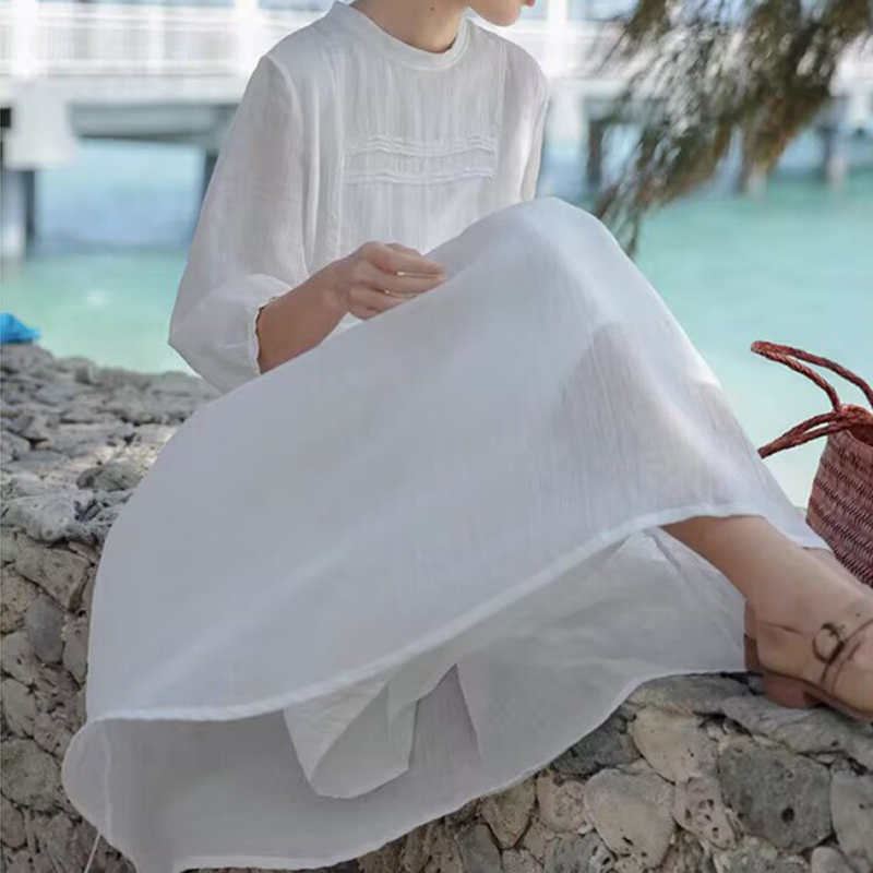 端莊素雅苧麻高檔白色中長洋裝