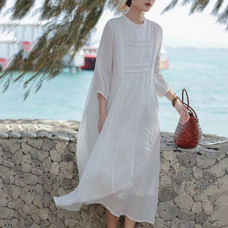 端莊素雅苧麻高檔白色中長洋裝