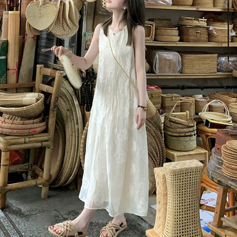 小個子甜美印花無袖中長洋裝