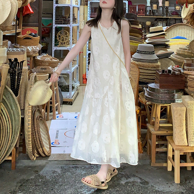 小個子甜美印花無袖中長洋裝