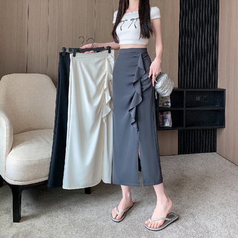 韓版高腰開叉褶皺半身裙