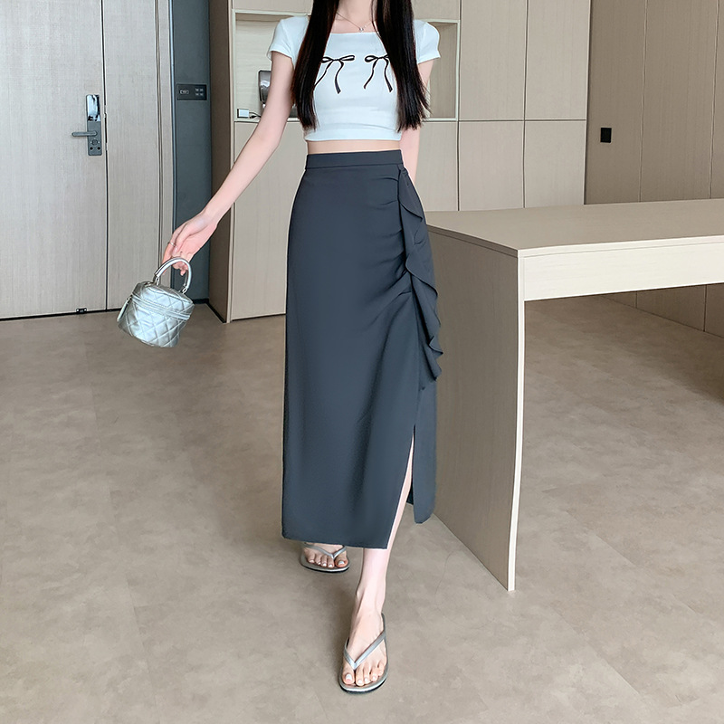 韓版高腰開叉褶皺半身裙