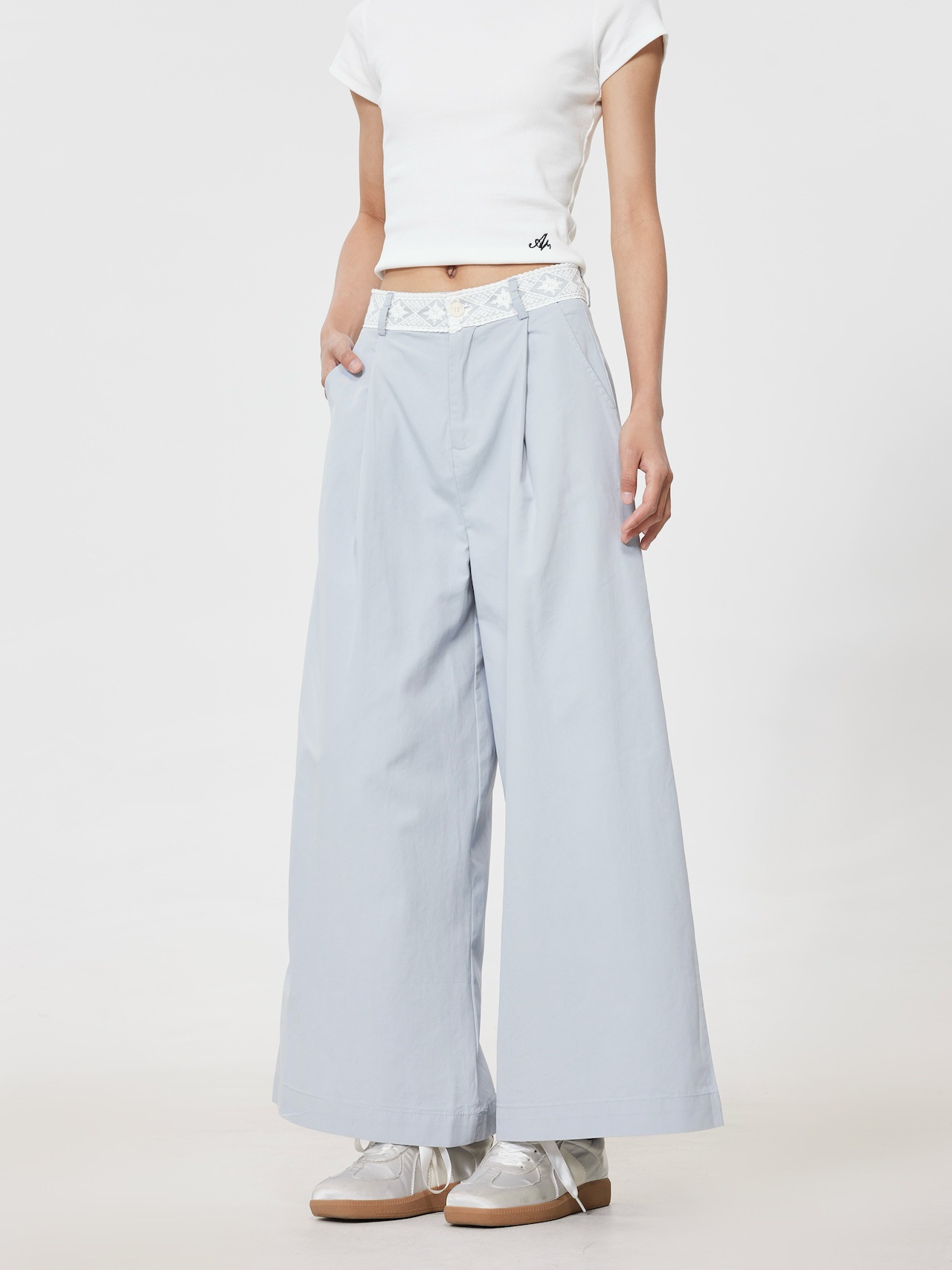 韓系減齡蕾絲花邊小個子九分寬褲（3色）