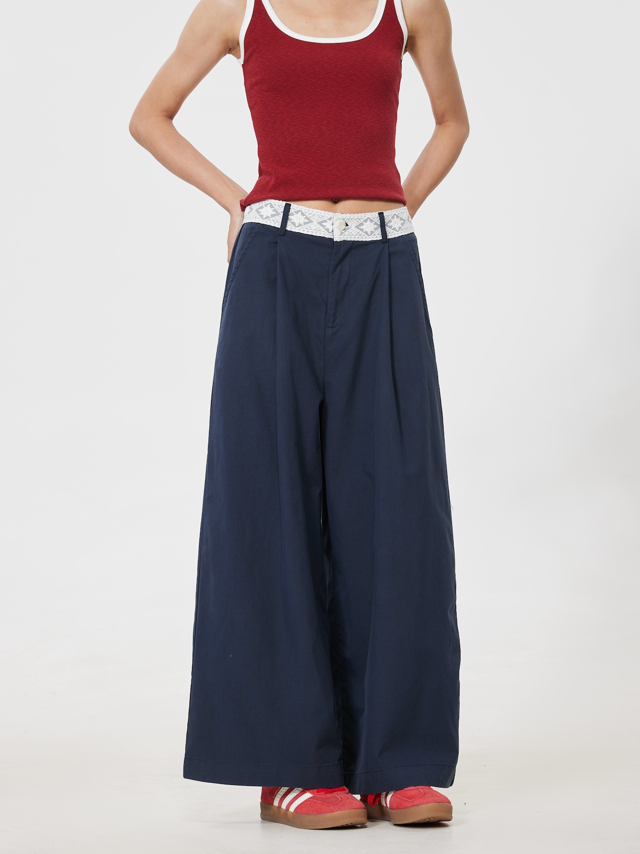 韓系減齡蕾絲花邊小個子九分寬褲（3色）