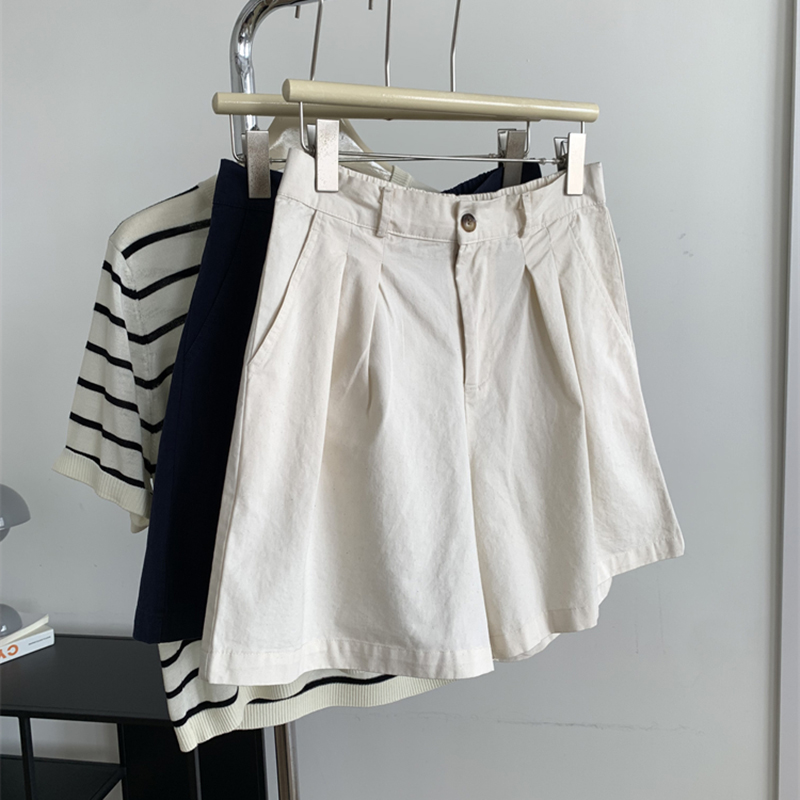 日系復古藏青色水洗棉寬褲短褲