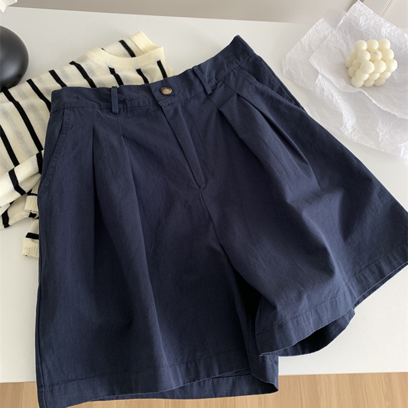 日系復古藏青色水洗棉寬褲短褲