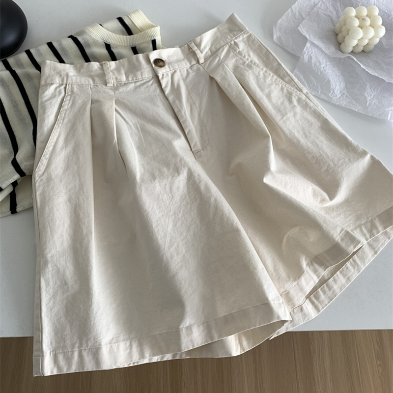 日系復古藏青色水洗棉寬褲短褲