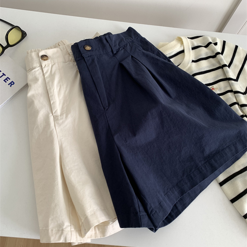 日系復古藏青色水洗棉寬褲短褲