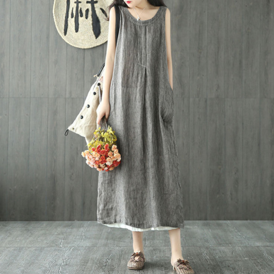 文藝復古條紋寬鬆無袖休閒棉麻連身裙