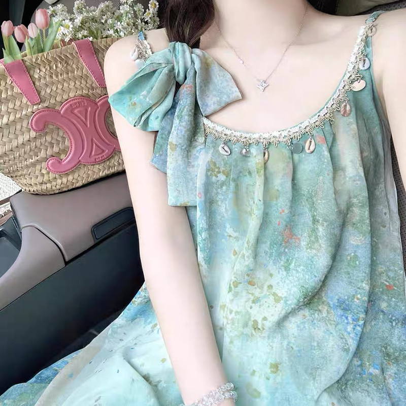 甜美度假風暈染貝殼寬鬆吊帶連身裙