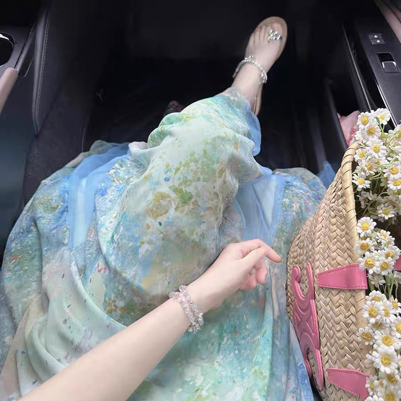 甜美度假風暈染貝殼寬鬆吊帶連身裙