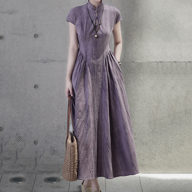 國風新中式莧麻棉紮染鏤空收腰旗袍連身裙