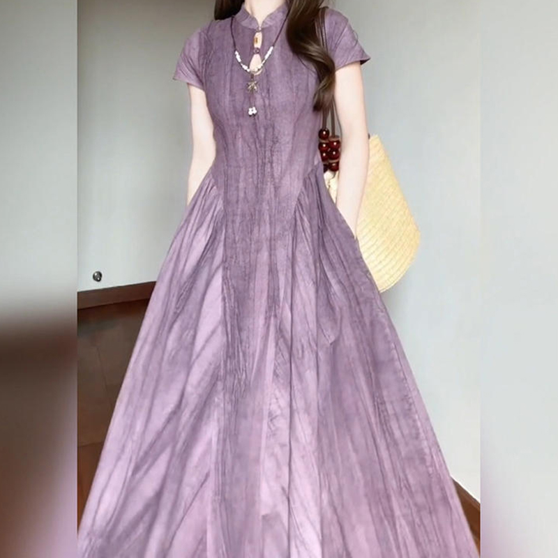 國風新中式莧麻棉紮染鏤空收腰旗袍連身裙