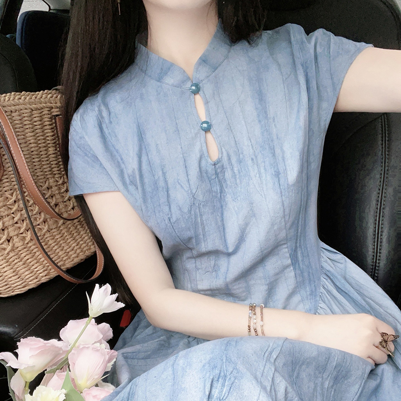 國風新中式莧麻棉紮染鏤空收腰旗袍連身裙