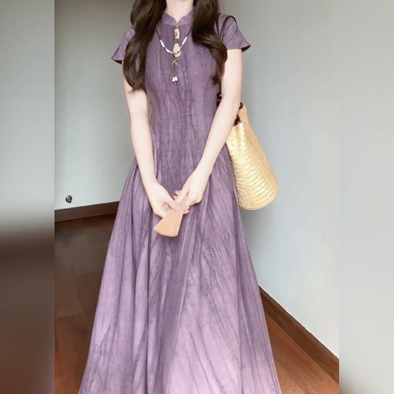 國風新中式莧麻棉紮染鏤空收腰旗袍連身裙