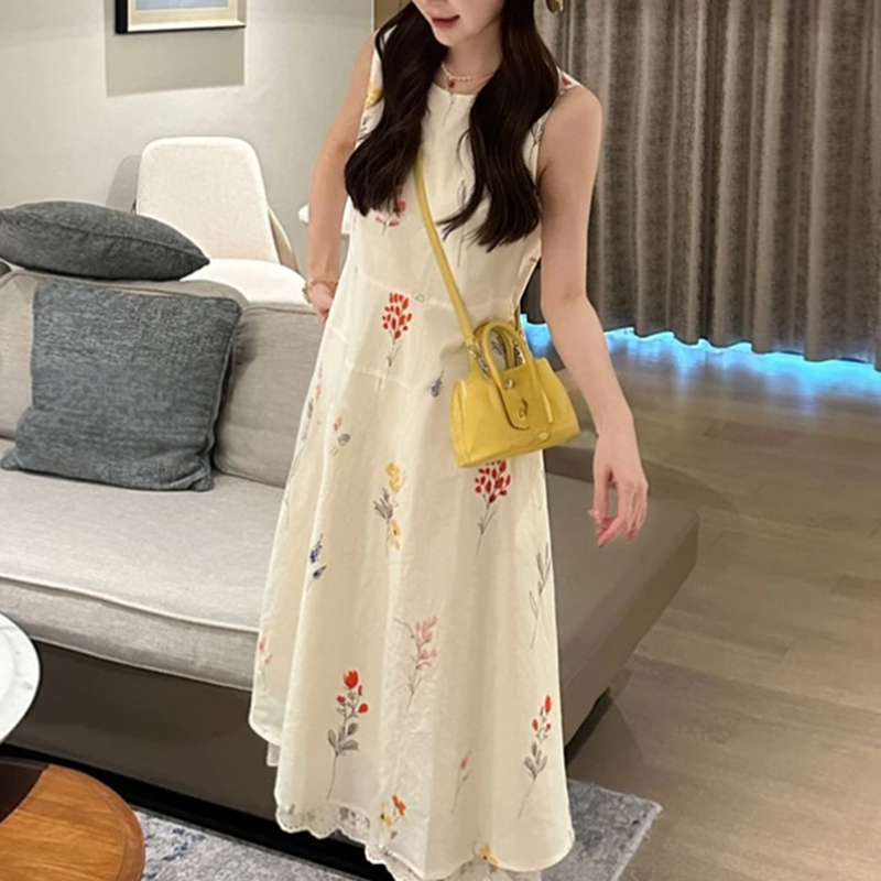 溫柔風寬鬆無袖碎花連身裙