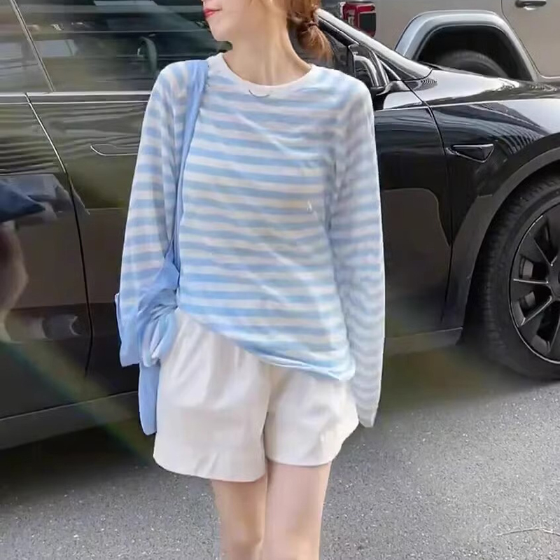 休閒寬鬆薄款防曬撞色條紋T卹罩衫（4色）