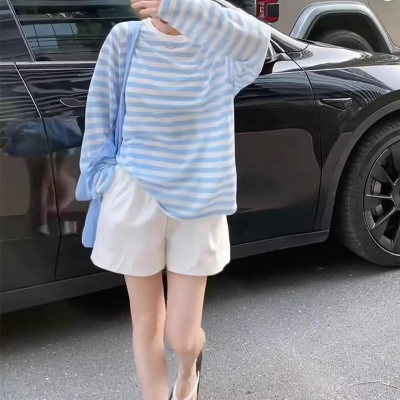 休閒寬鬆薄款防曬撞色條紋T卹罩衫（4色）