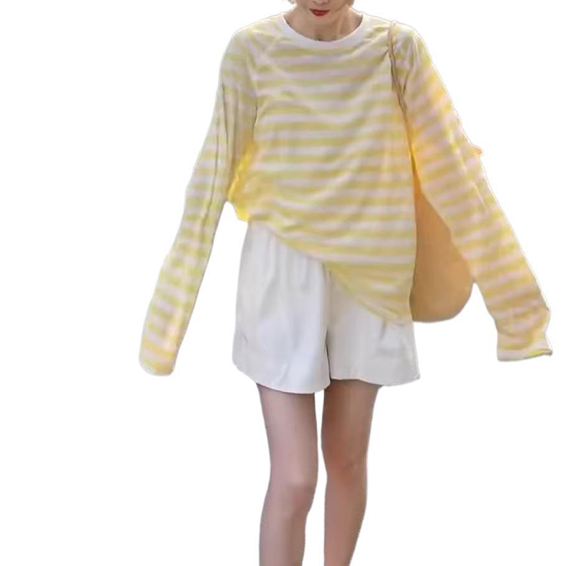 休閒寬鬆薄款防曬撞色條紋T卹罩衫（4色）