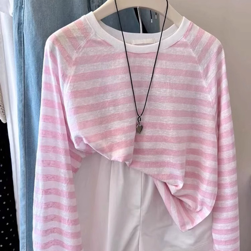 休閒寬鬆薄款防曬撞色條紋T卹罩衫（4色）