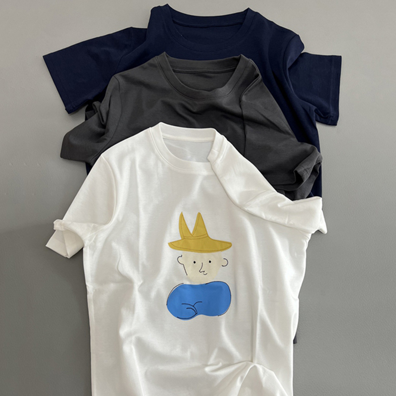 卡通人物貼布刺繡圓領短袖T卹（3色）