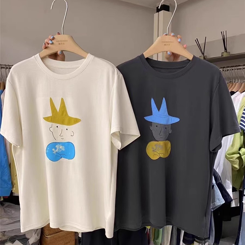 卡通人物貼布刺繡圓領短袖T卹（3色）