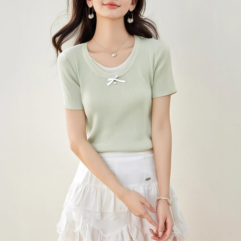 韓系修身顯瘦假兩件撞色拼接短袖