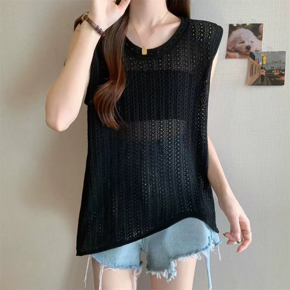 冰絲圓領不規則鏤空無袖針織背心