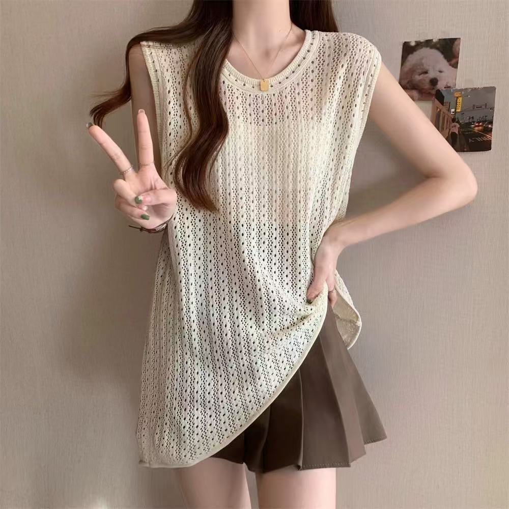 冰絲圓領不規則鏤空無袖針織背心