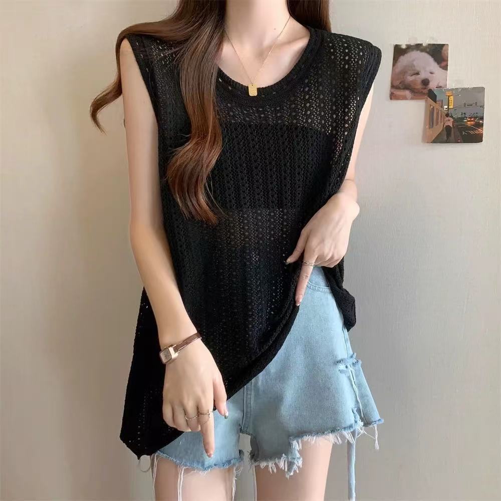 冰絲圓領不規則鏤空無袖針織背心